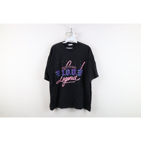 Vintage 90s IOU Skateboarding Mens Large Thrashed Spell Out Legend T-Shirt Black - Picture 1 of 16